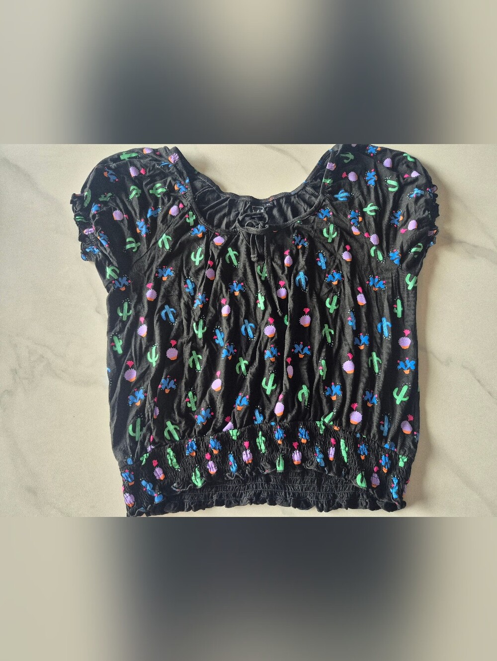 Women’s Black Smocked Crop Top with Colorful Cactus Print